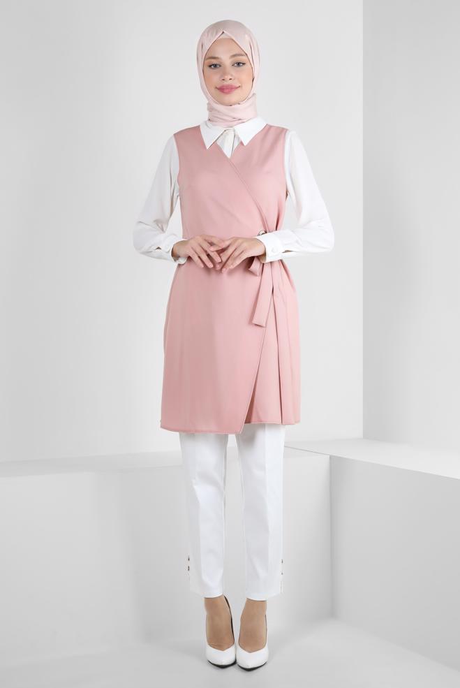 Tesettür giyim PUDRA KUŞAKLI ANVELOP YELEK 43875  - ALVİNA