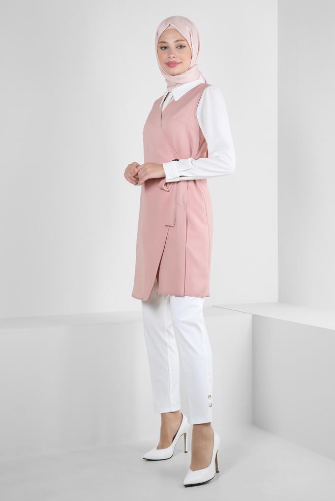Tesettür giyim PUDRA KUŞAKLI ANVELOP YELEK 43875  - ALVİNA