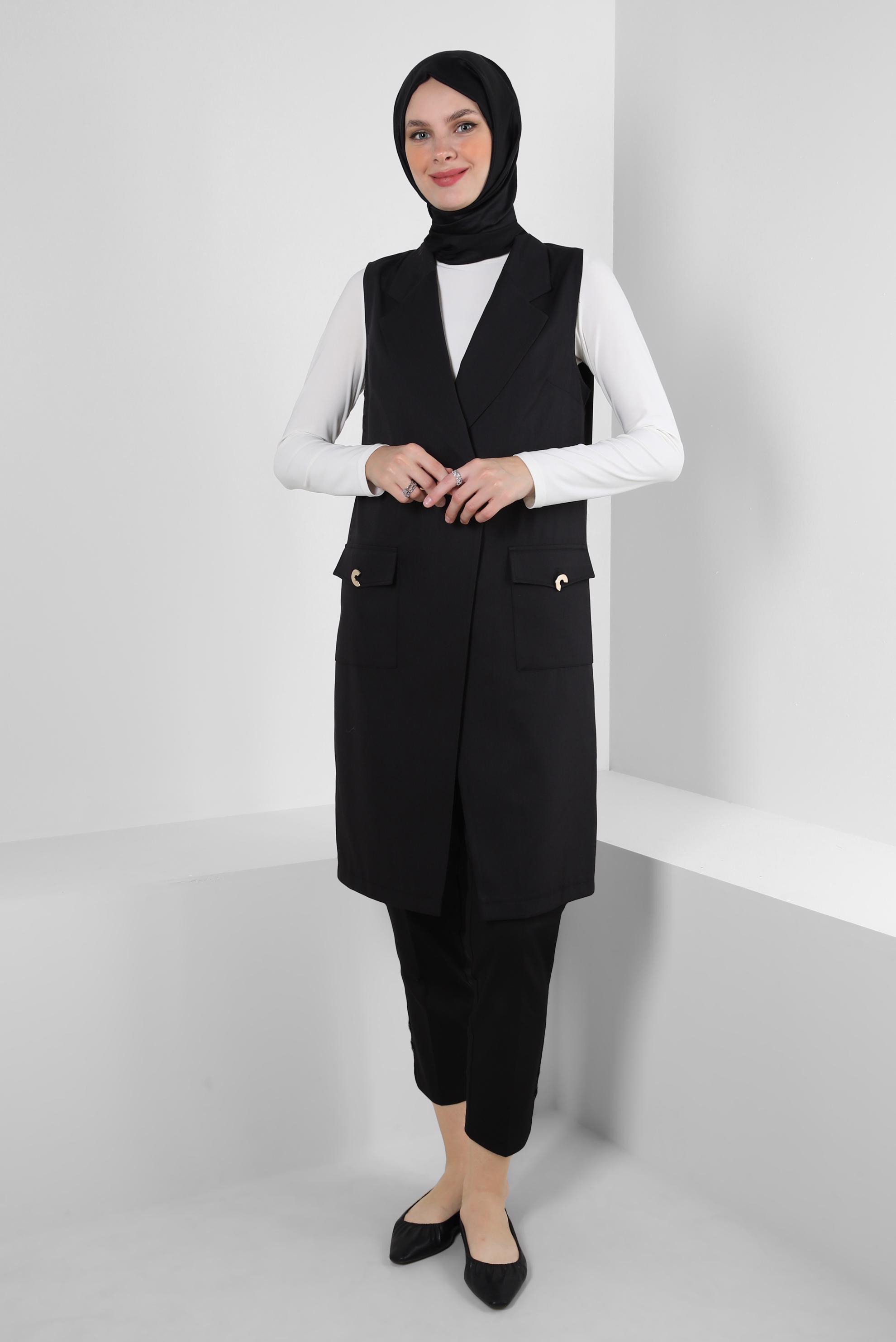 Tesettür giyim SİYAH KRUVAZE YAKA CEP DETAYLI YELEK 43896