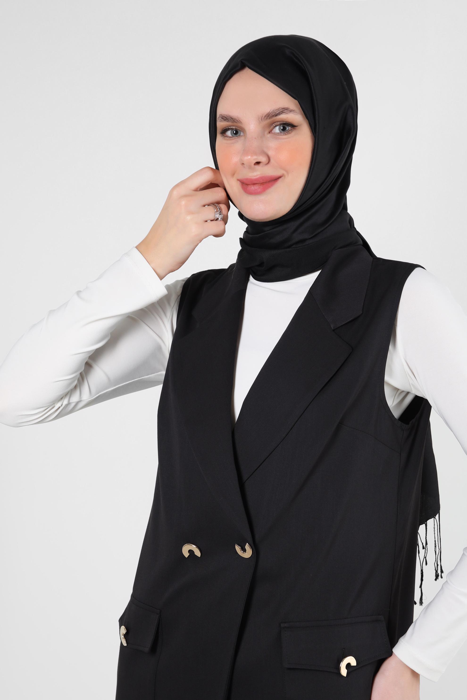 Tesettür giyim SİYAH KRUVAZE YAKA CEP DETAYLI YELEK 43896