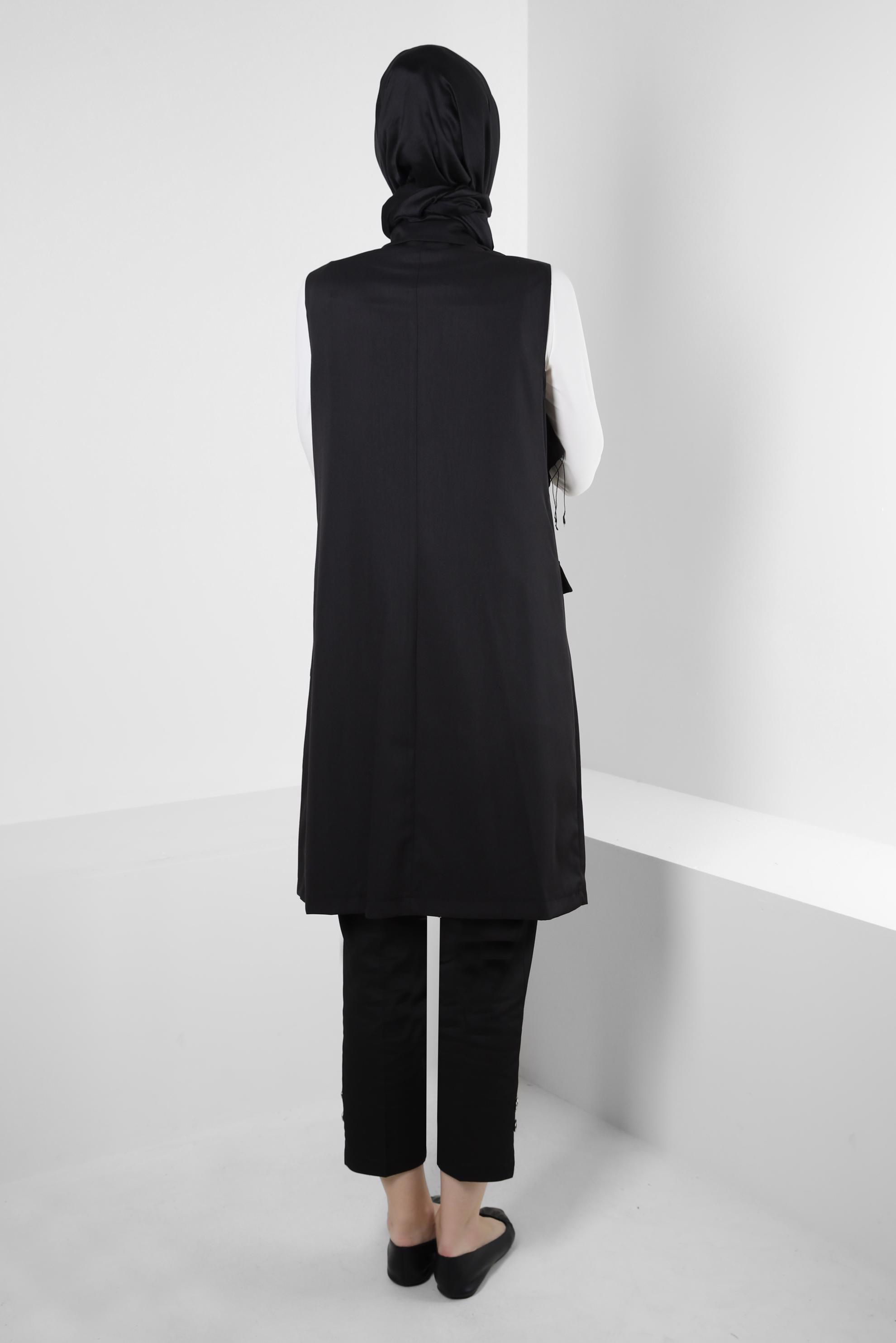 Tesettür giyim SİYAH KRUVAZE YAKA CEP DETAYLI YELEK 43896