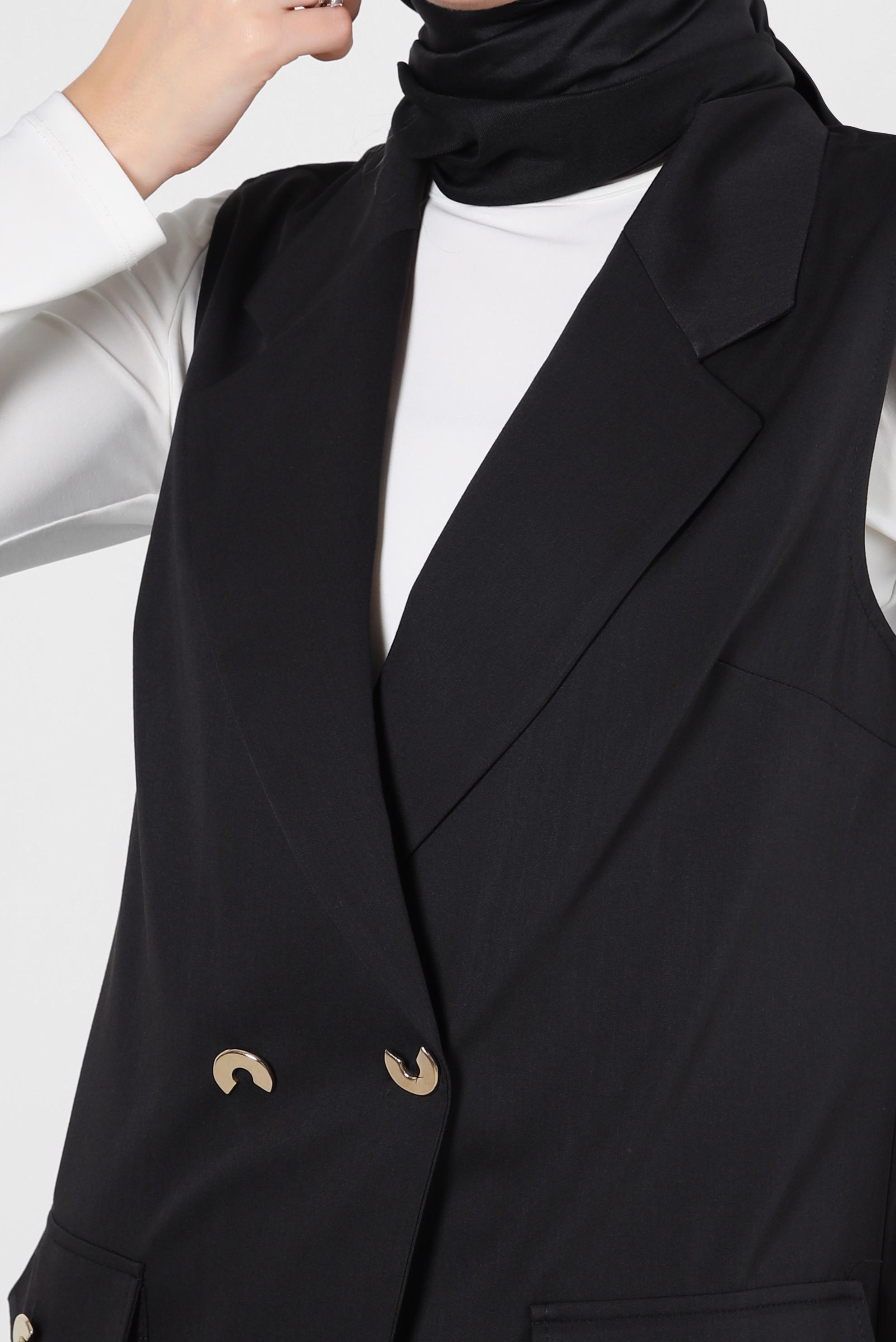 Tesettür giyim SİYAH KRUVAZE YAKA CEP DETAYLI YELEK 43896