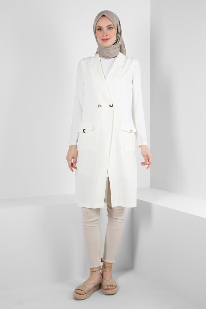 Vêtements hijab BLANC GILET DOUBLE BOUTONNAGE AVEC POCHES 43896 - ALVİNA