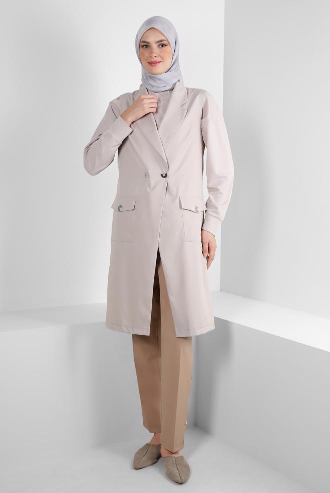 Vêtements hijab BEIGE GILET DOUBLE BOUTONNAGE AVEC POCHES 43896 - ALVİNA