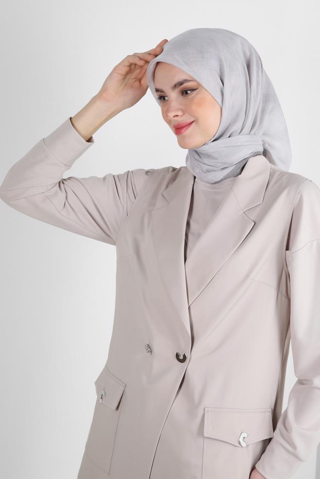 Vêtements hijab BEIGE GILET DOUBLE BOUTONNAGE AVEC POCHES 43896 - ALVİNA