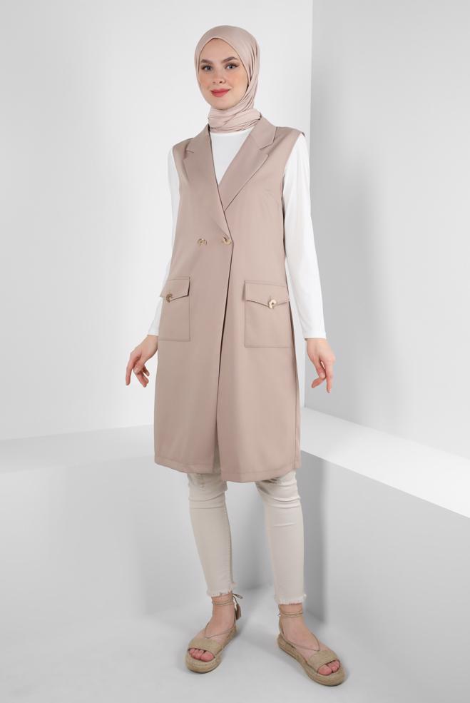 Vêtements hijab BRUN GILET DOUBLE BOUTONNAGE AVEC POCHES 43896 - ALVİNA