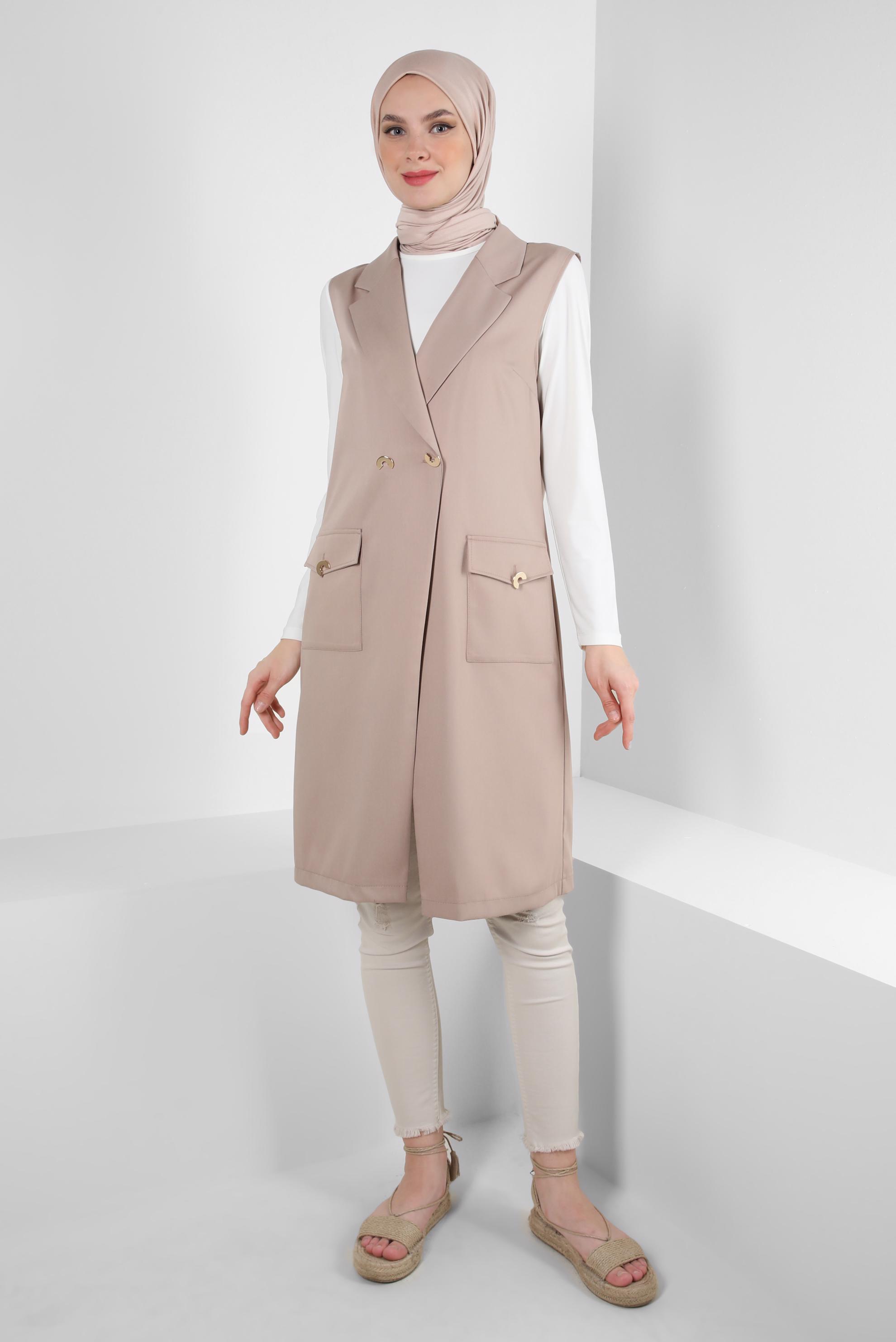 Tesettür giyim KAHVE KRUVAZE YAKA CEP DETAYLI YELEK 43896