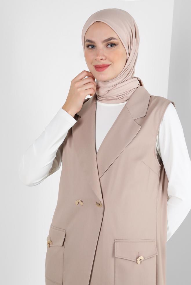 Vêtements hijab BRUN GILET DOUBLE BOUTONNAGE AVEC POCHES 43896 - ALVİNA