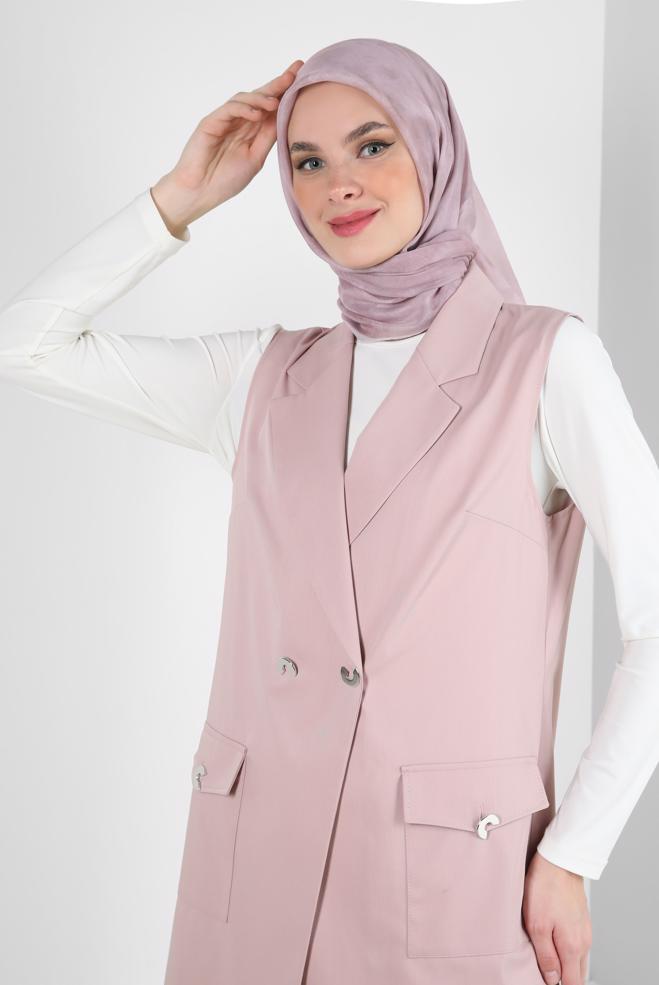 Tesettür giyim PUDRA KRUVAZE YAKA CEP DETAYLI YELEK 43896 - ALVİNA