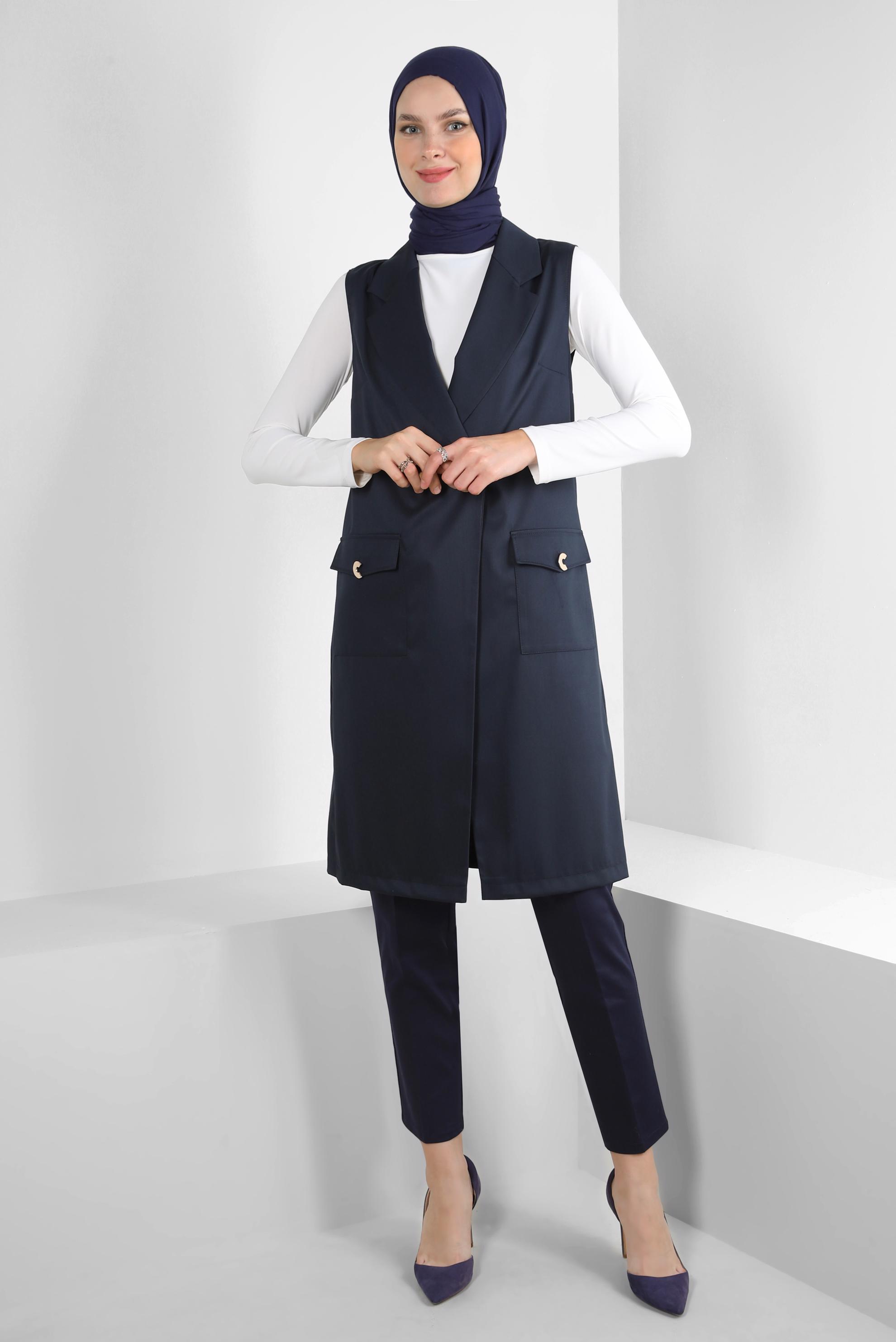 Vêtements hijab BLEU MARINE GILET DOUBLE BOUTONNAGE AVEC POCHES 43896