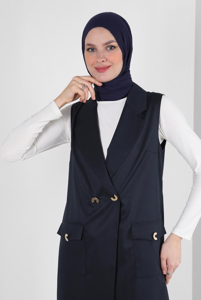 Vêtements hijab BLEU MARINE GILET DOUBLE BOUTONNAGE AVEC POCHES 43896 - ALVİNA