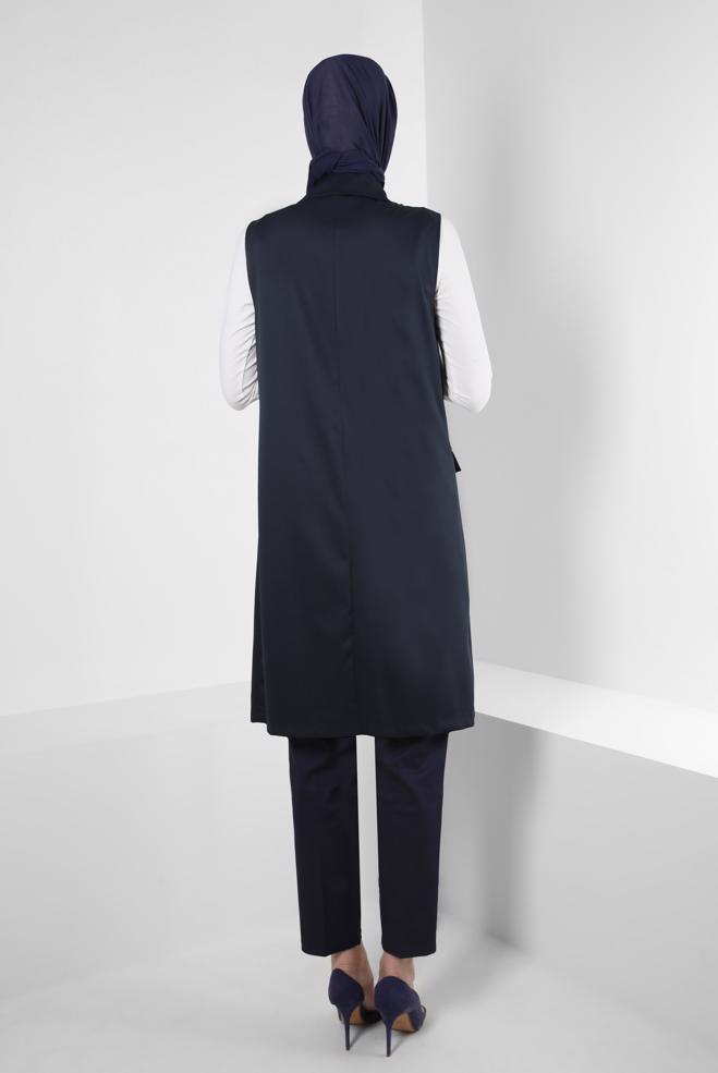 Vêtements hijab BLEU MARINE GILET DOUBLE BOUTONNAGE AVEC POCHES 43896 - ALVİNA