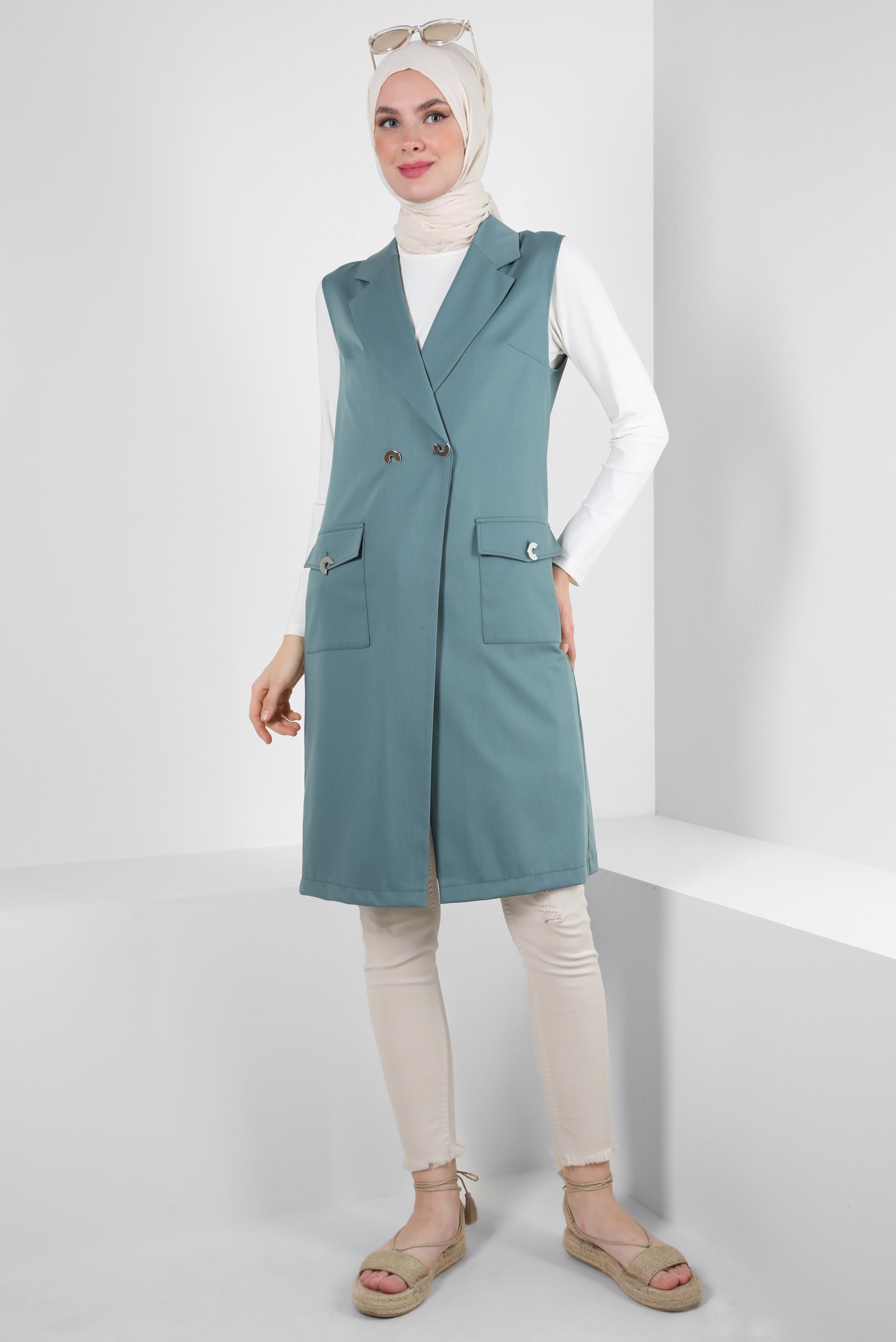 Vêtements hijab VERT GILET DOUBLE BOUTONNAGE AVEC POCHES 43896