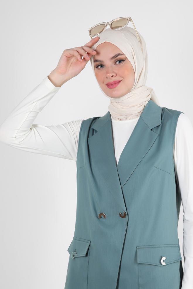 Vêtements hijab VERT GILET DOUBLE BOUTONNAGE AVEC POCHES 43896 - ALVİNA