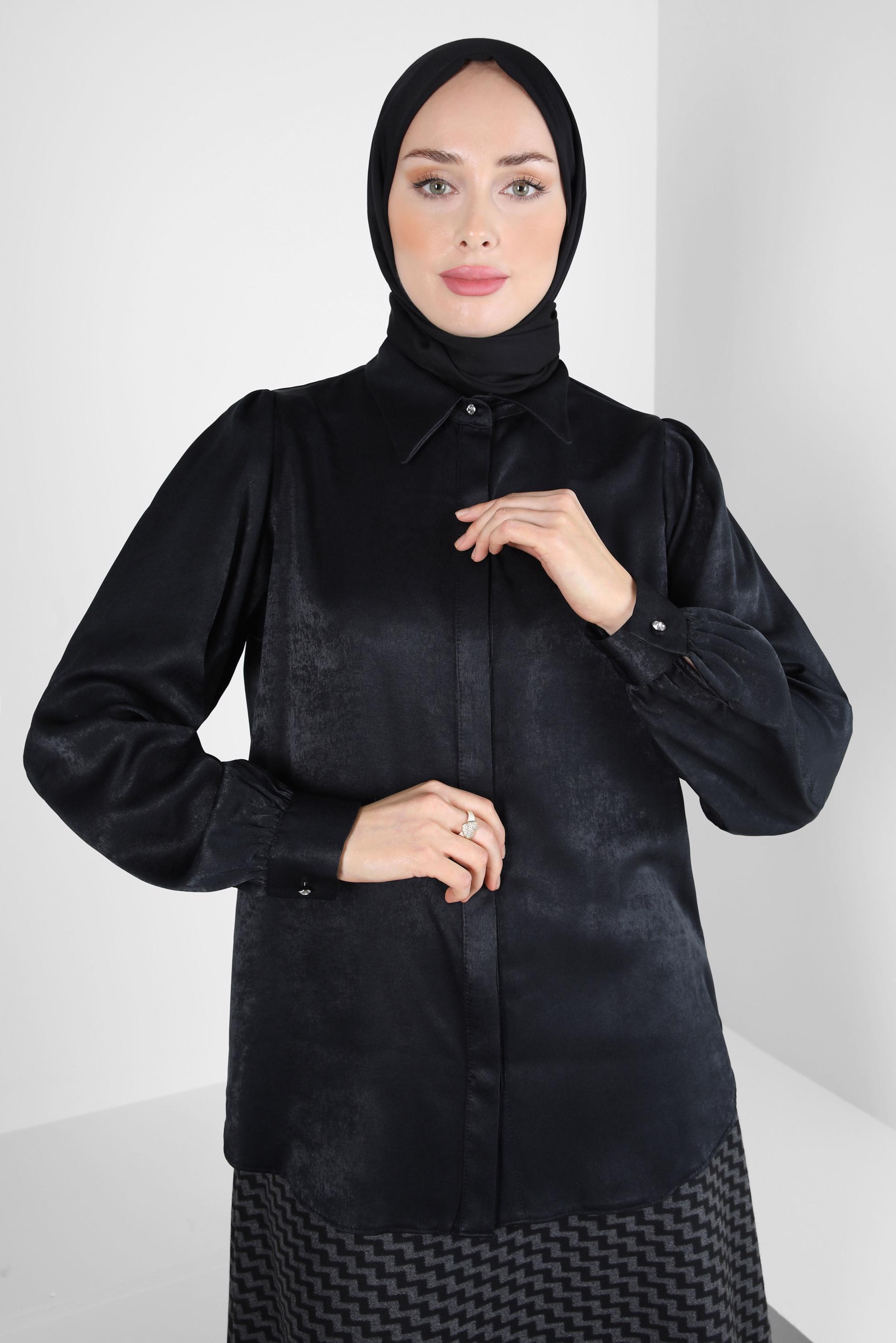 Vêtements hijab NOIR BLOUSE COL CHEMISE 44329