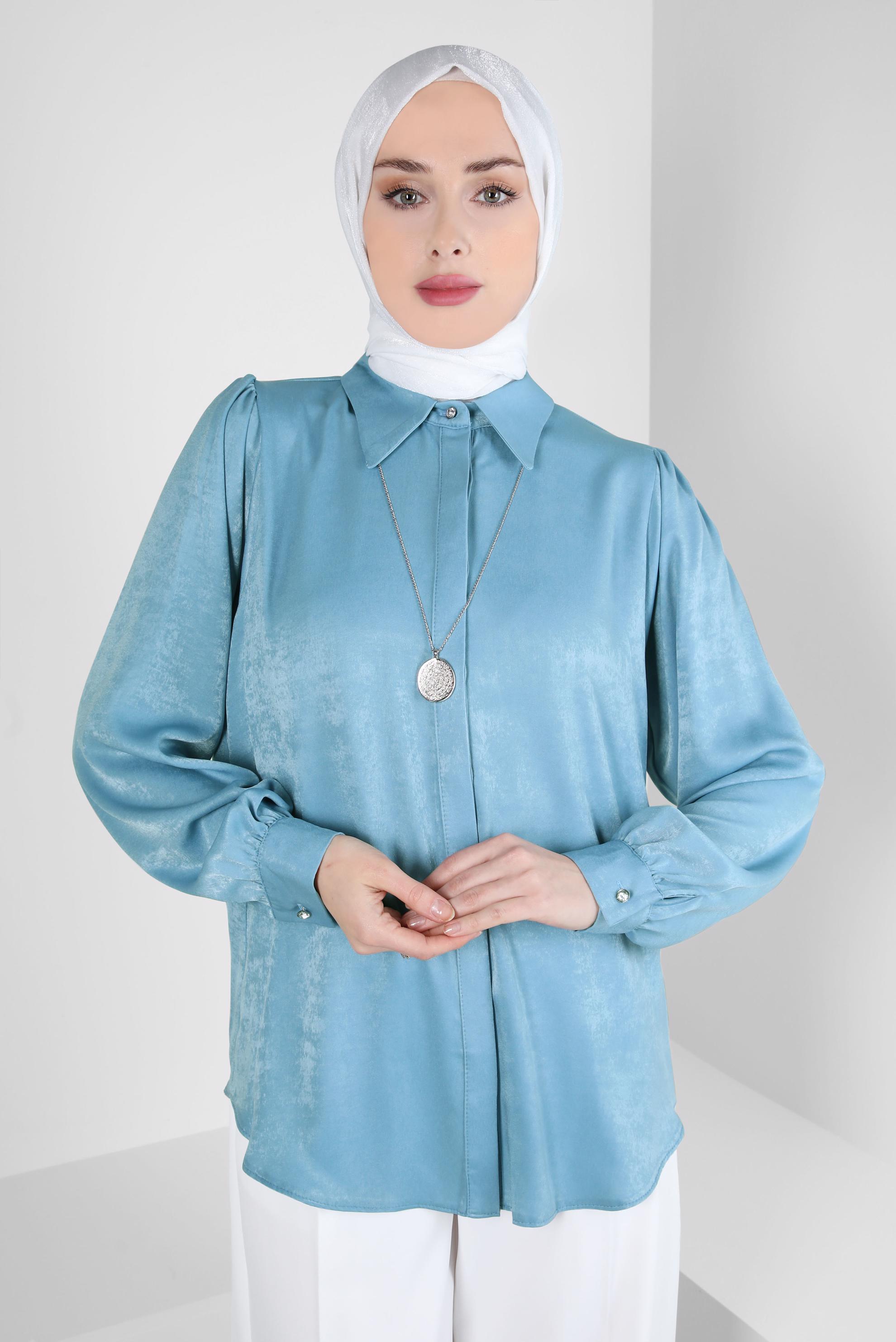 Tesettür giyim MAVİ GÖMLEK YAKA BLUZ 44329