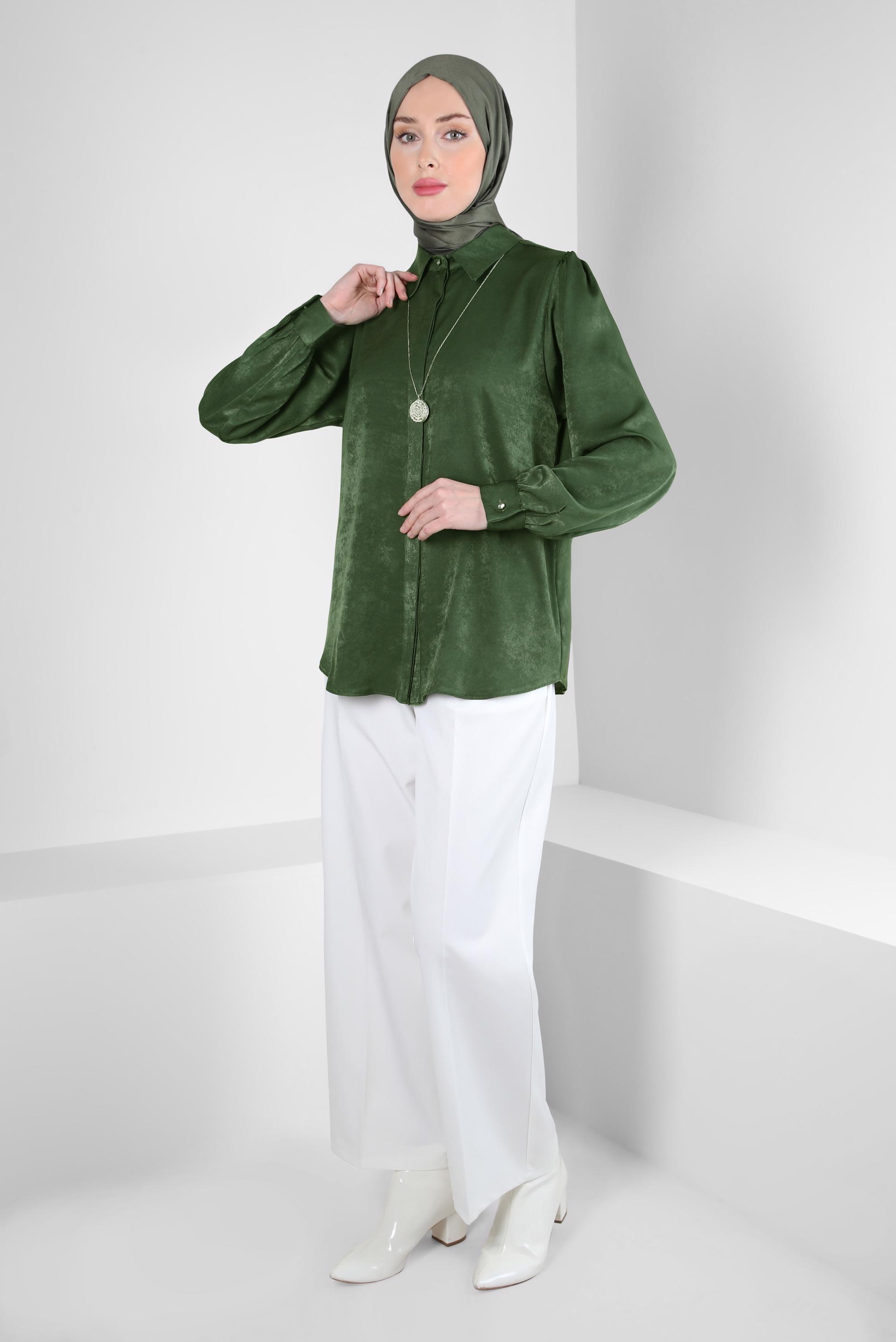 Tesettür giyim HAKİ GÖMLEK YAKA BLUZ 44329