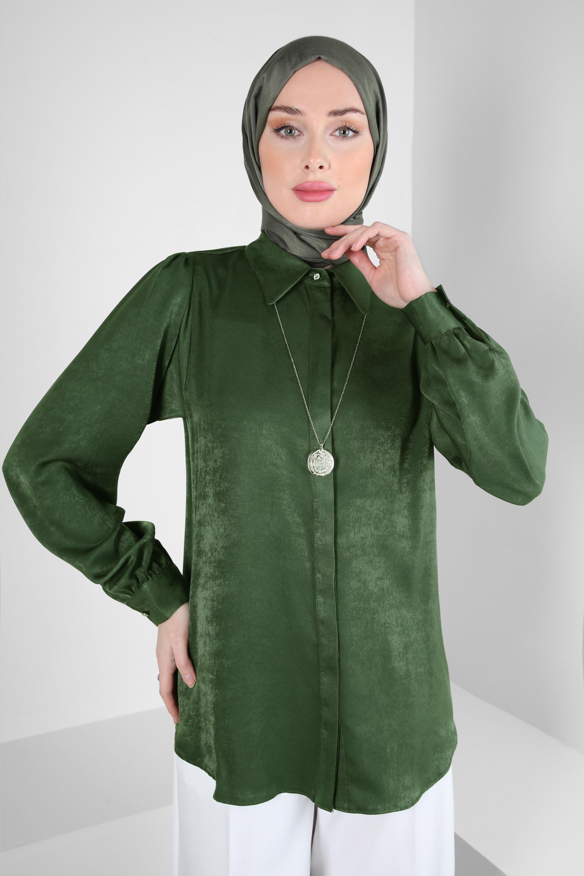 Tesettür giyim HAKİ GÖMLEK YAKA BLUZ 44329
