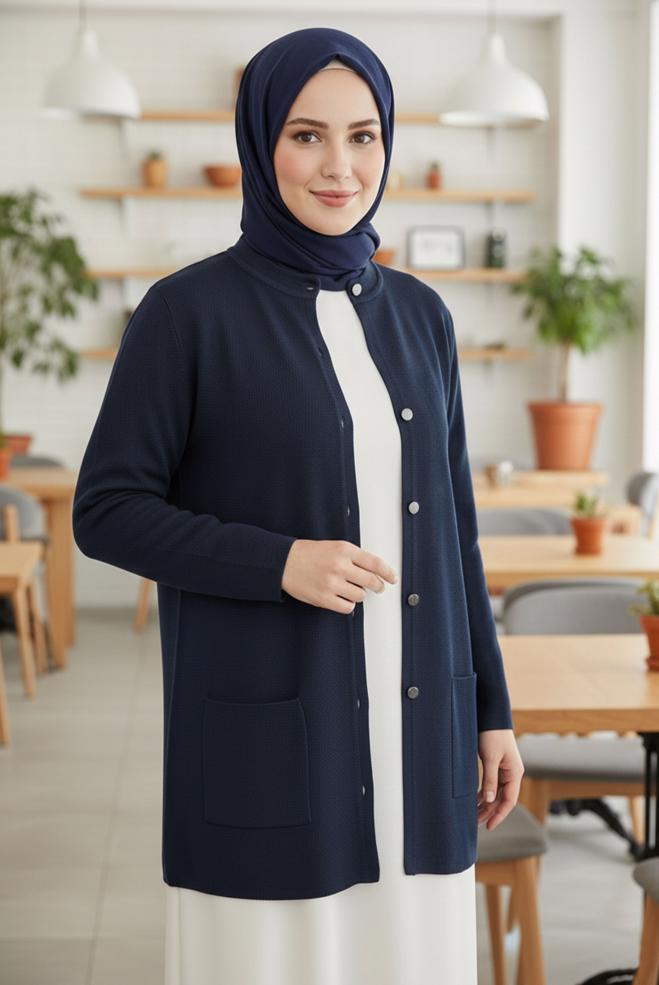 Vêtements hijab BLEU MARINE VESTE EN MAILLE AVEC POCHES 20462 - ALVİNA