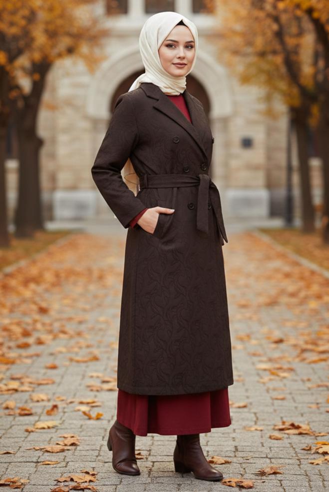 Vêtements hijab BRUN VESTE À MOTIFS 20487 - ALVİNA