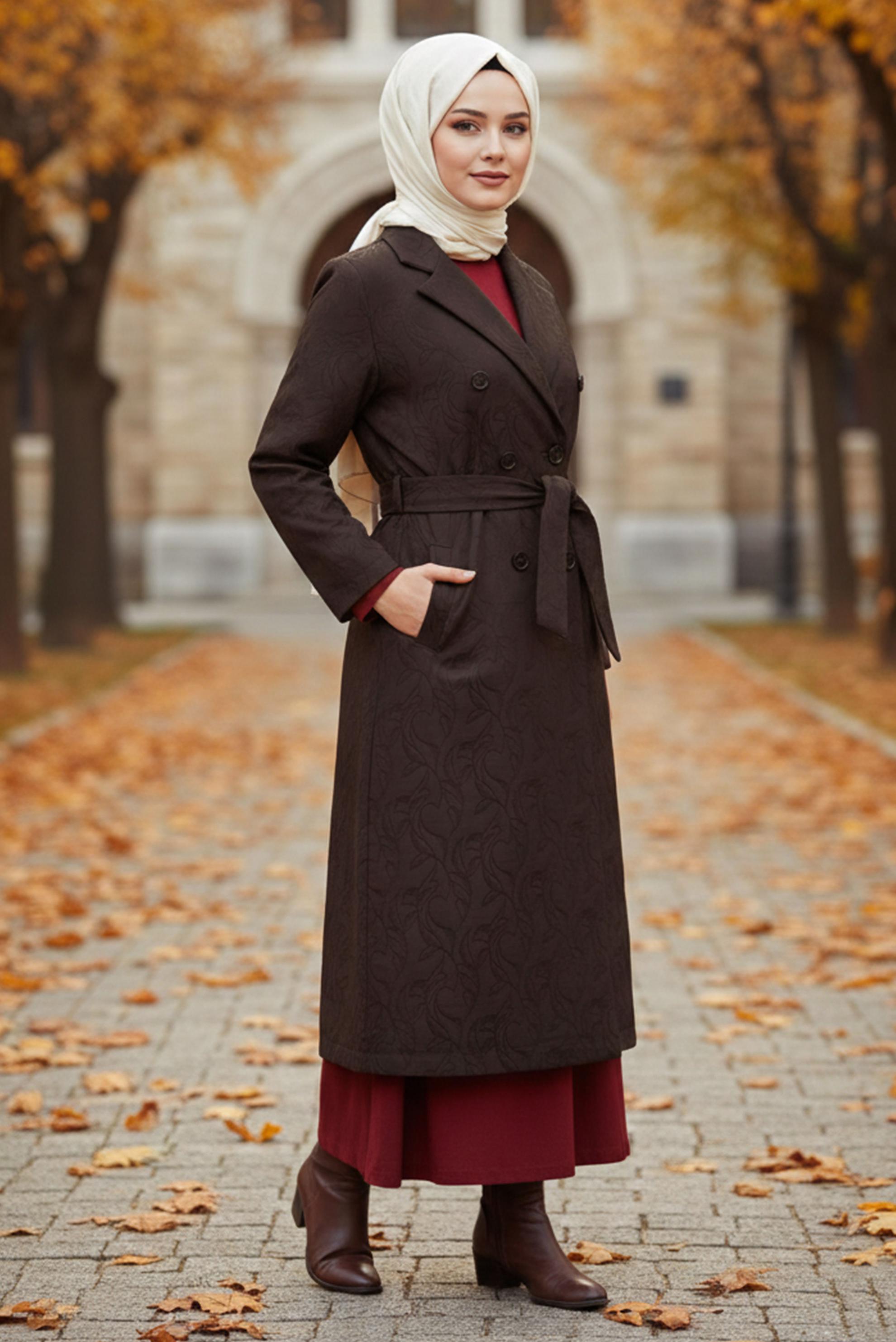 Tesettür giyim KAHVE KENDİNDEN DESENLİ KUŞAKLI GİY ÇIK 20487