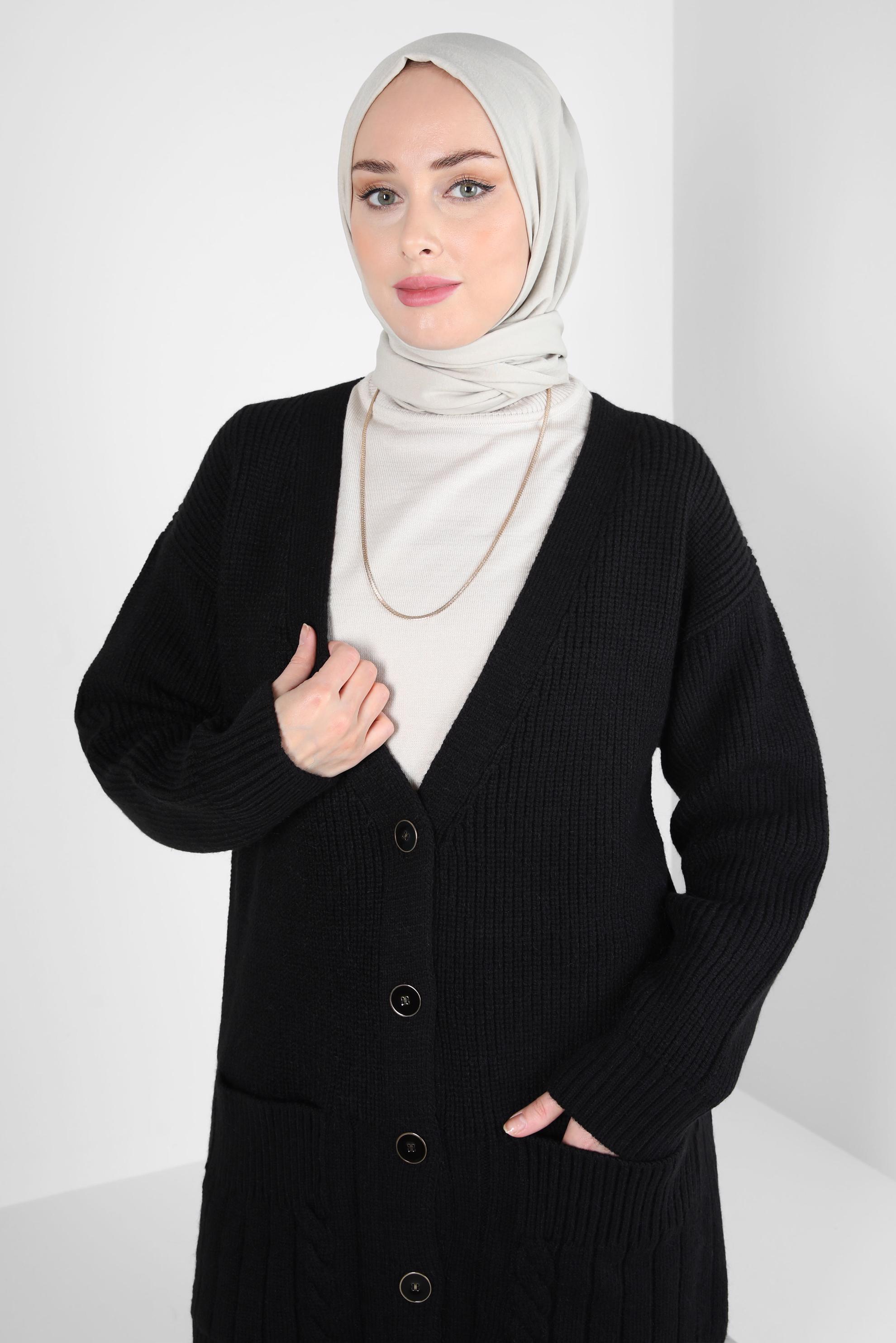 Tesettür giyim SİYAH CEPLİ TRİKO HIRKA 44119