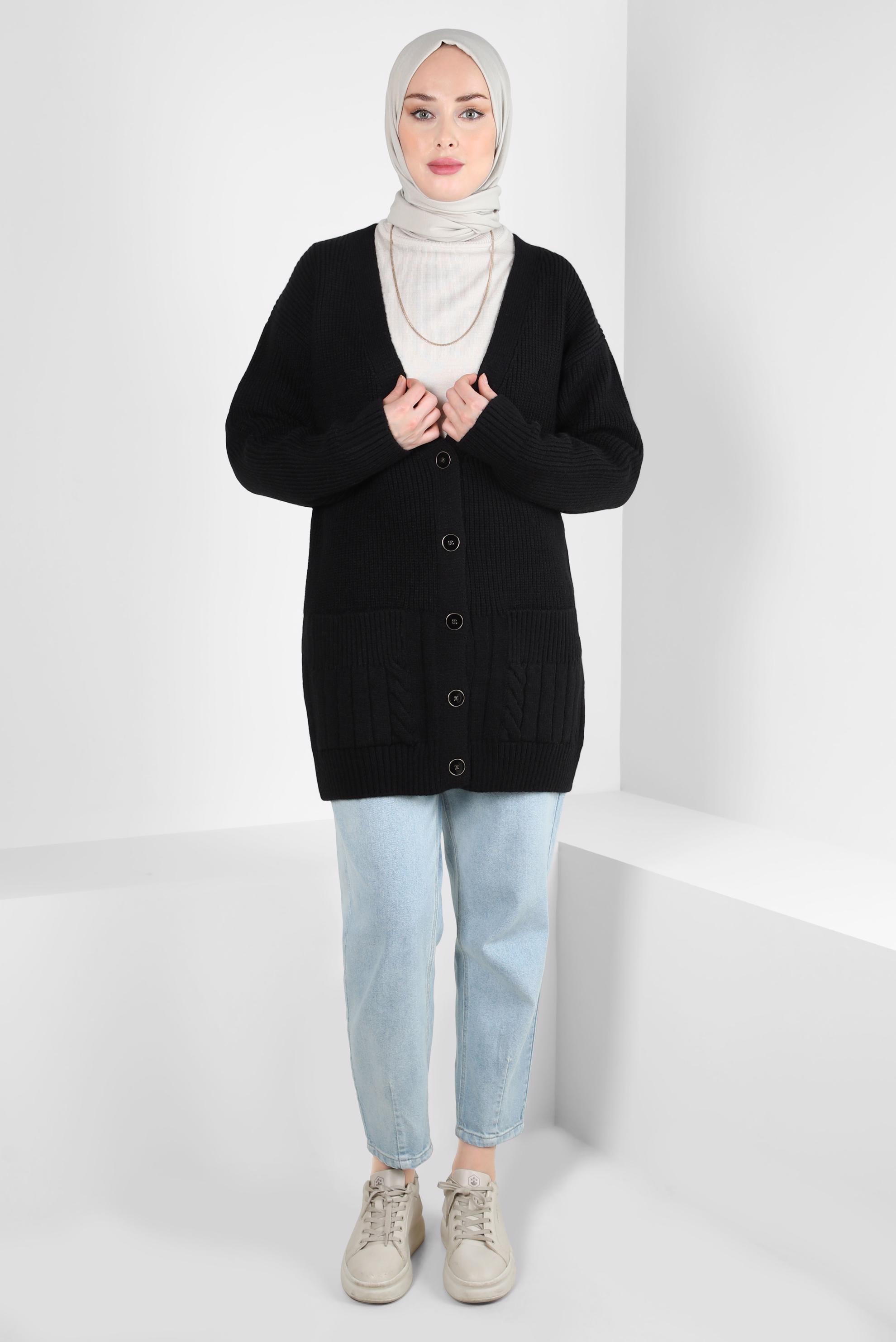 Tesettür giyim SİYAH CEPLİ TRİKO HIRKA 44119