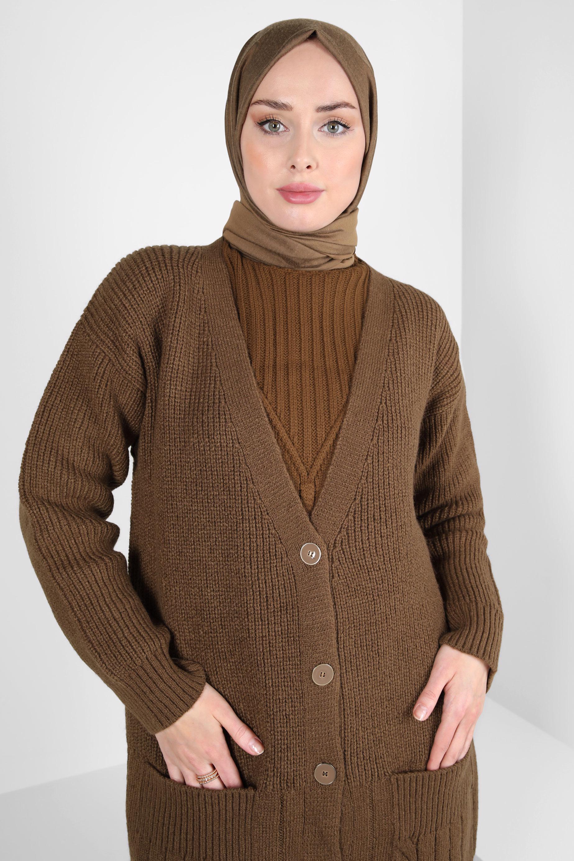 Tesettür giyim TABA CEPLİ TRİKO HIRKA 44119