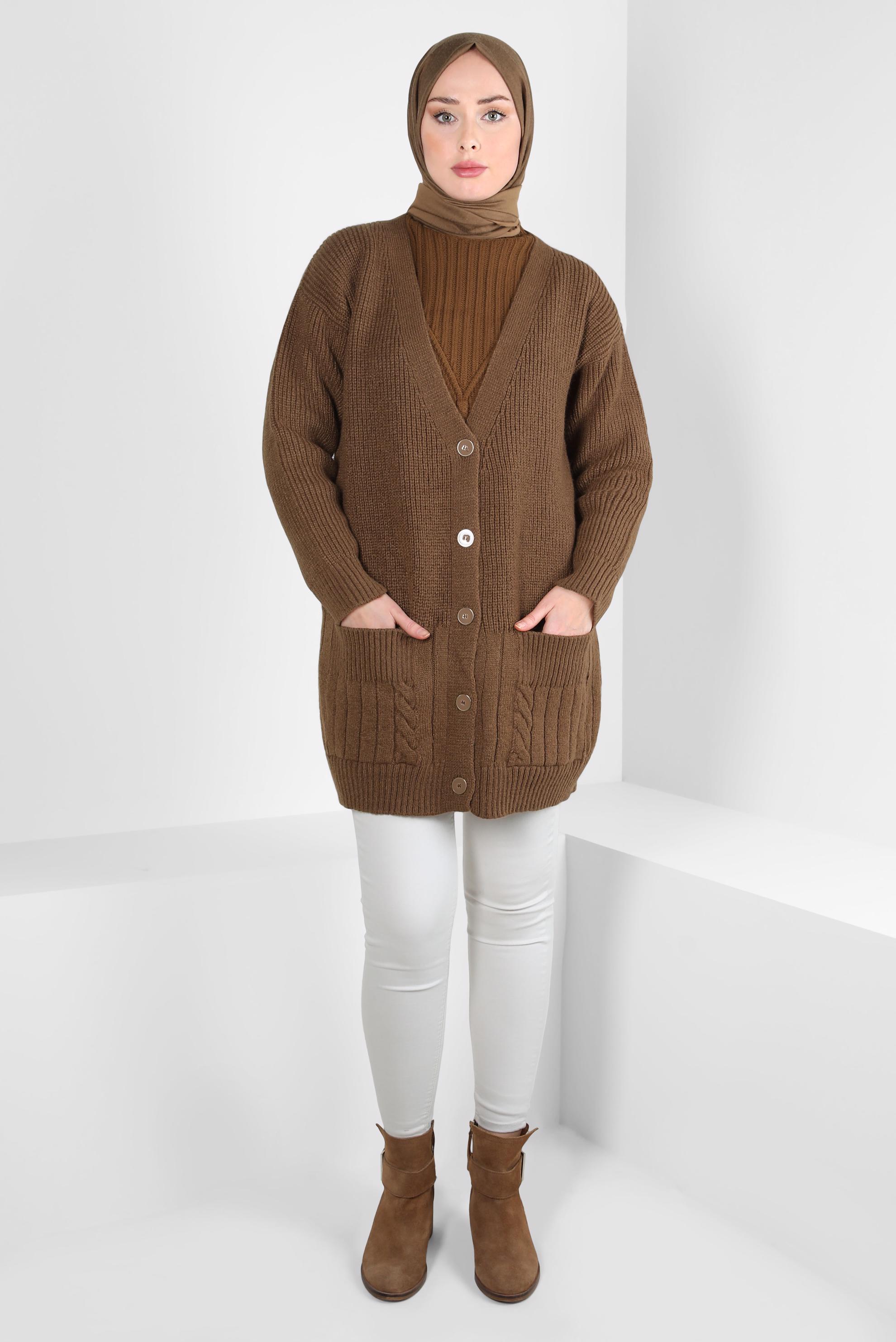 Tesettür giyim TABA CEPLİ TRİKO HIRKA 44119