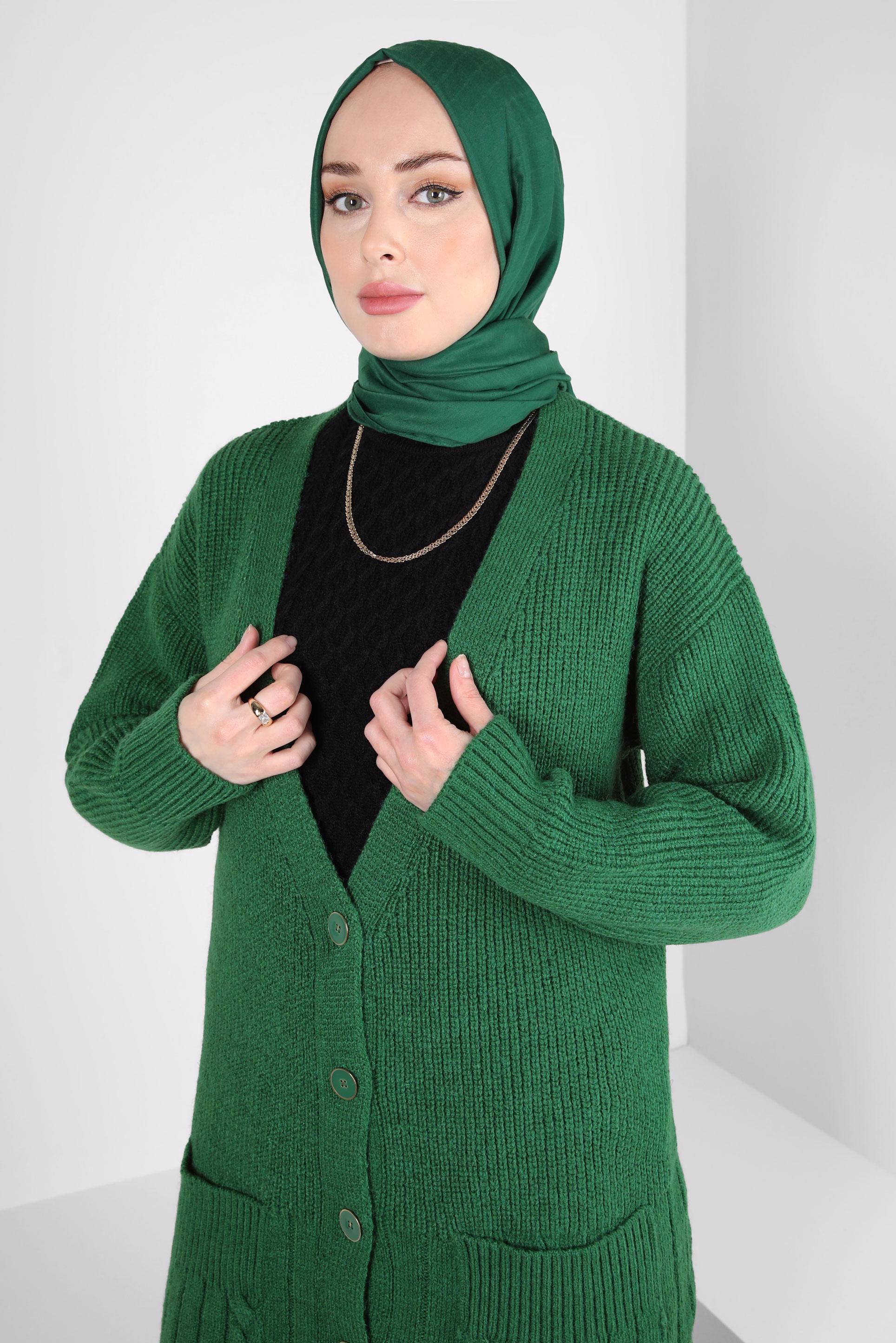 Tesettür giyim YEŞİL CEPLİ TRİKO HIRKA 44119