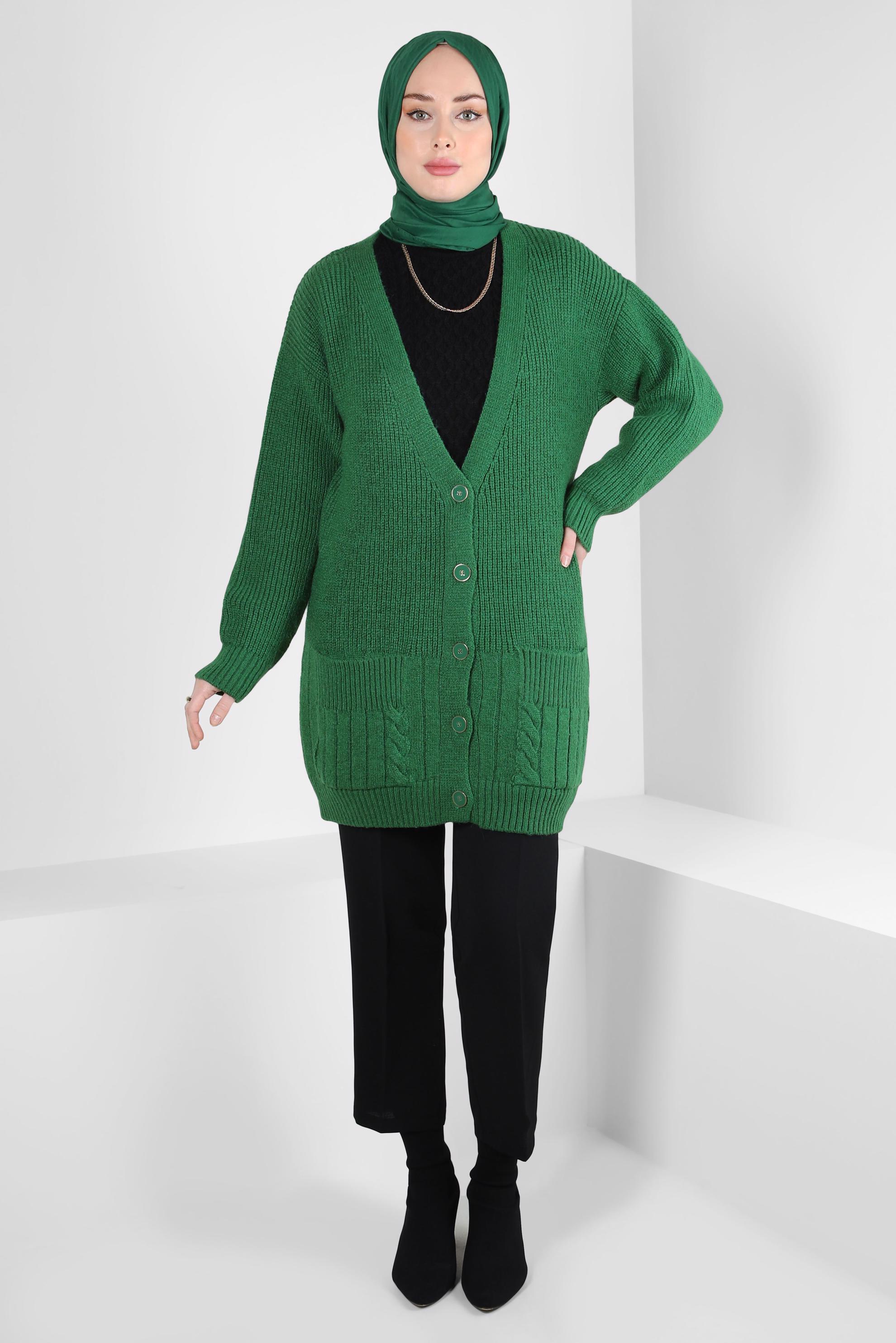 Tesettür giyim YEŞİL CEPLİ TRİKO HIRKA 44119