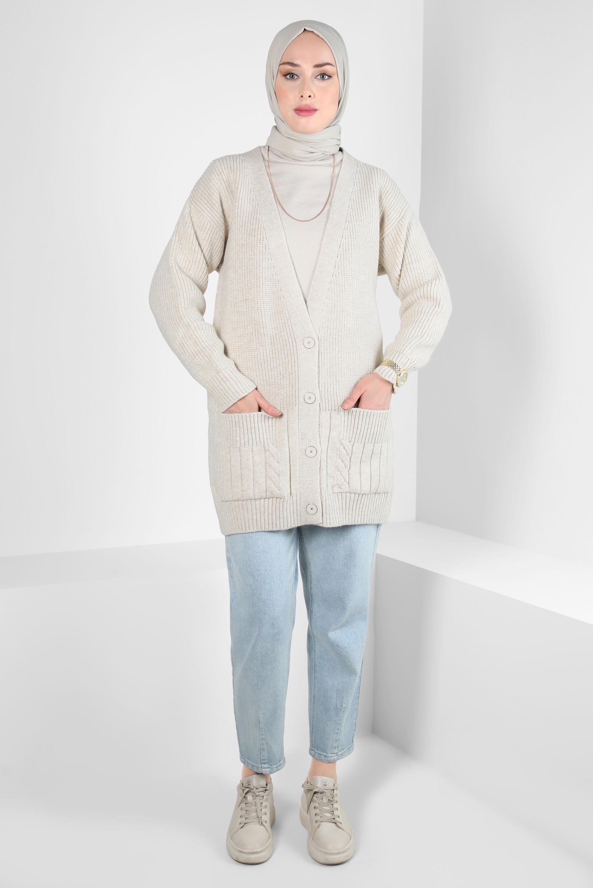 Tesettür giyim BEJ CEPLİ TRİKO HIRKA 44119