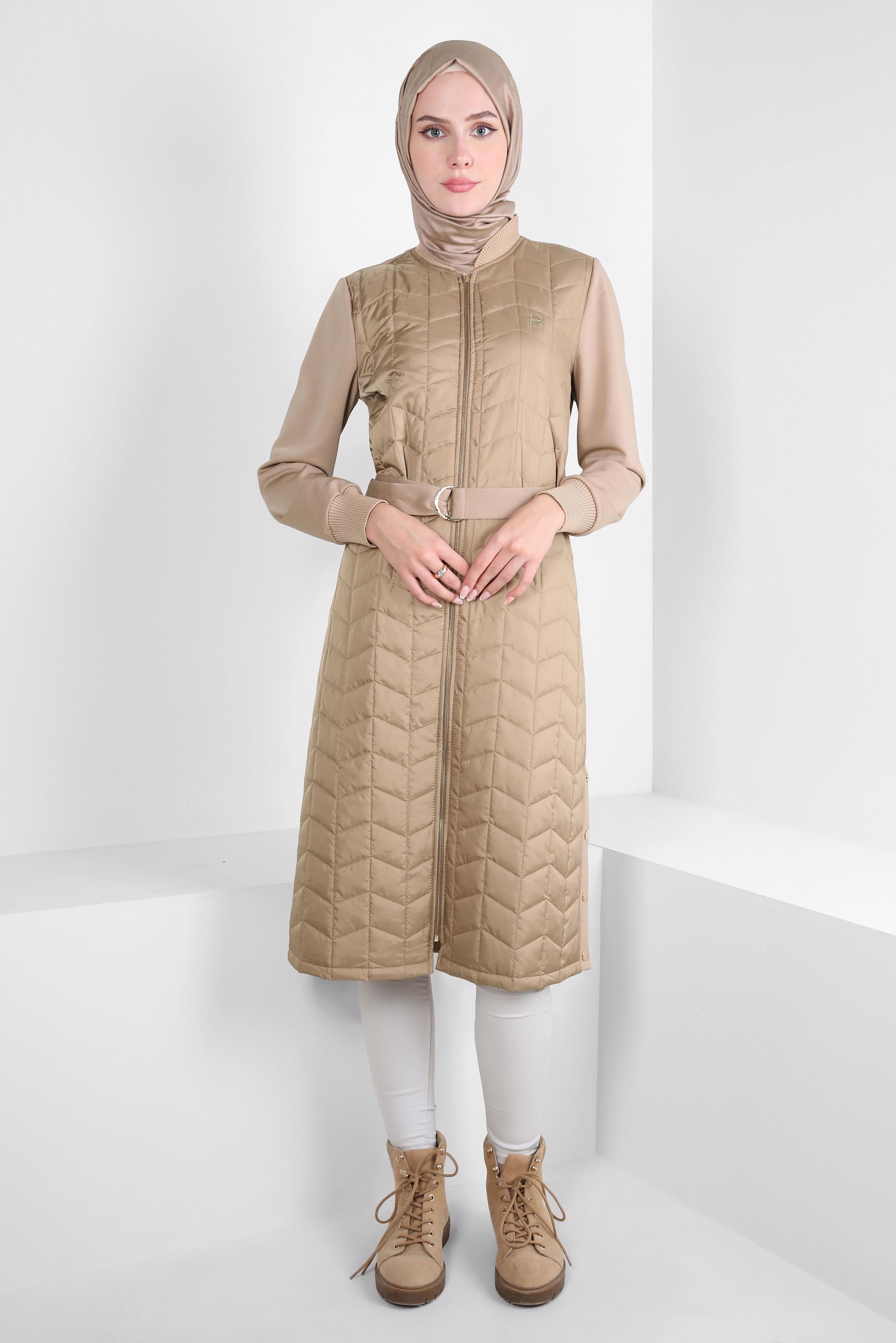 Tesettür giyim BEJ KEMERLİ GİY ÇIK 44204