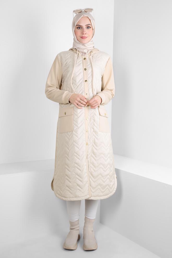 Vêtements hijab BEIGE VESTE À CAPUCHE 44205 - ALVİNA