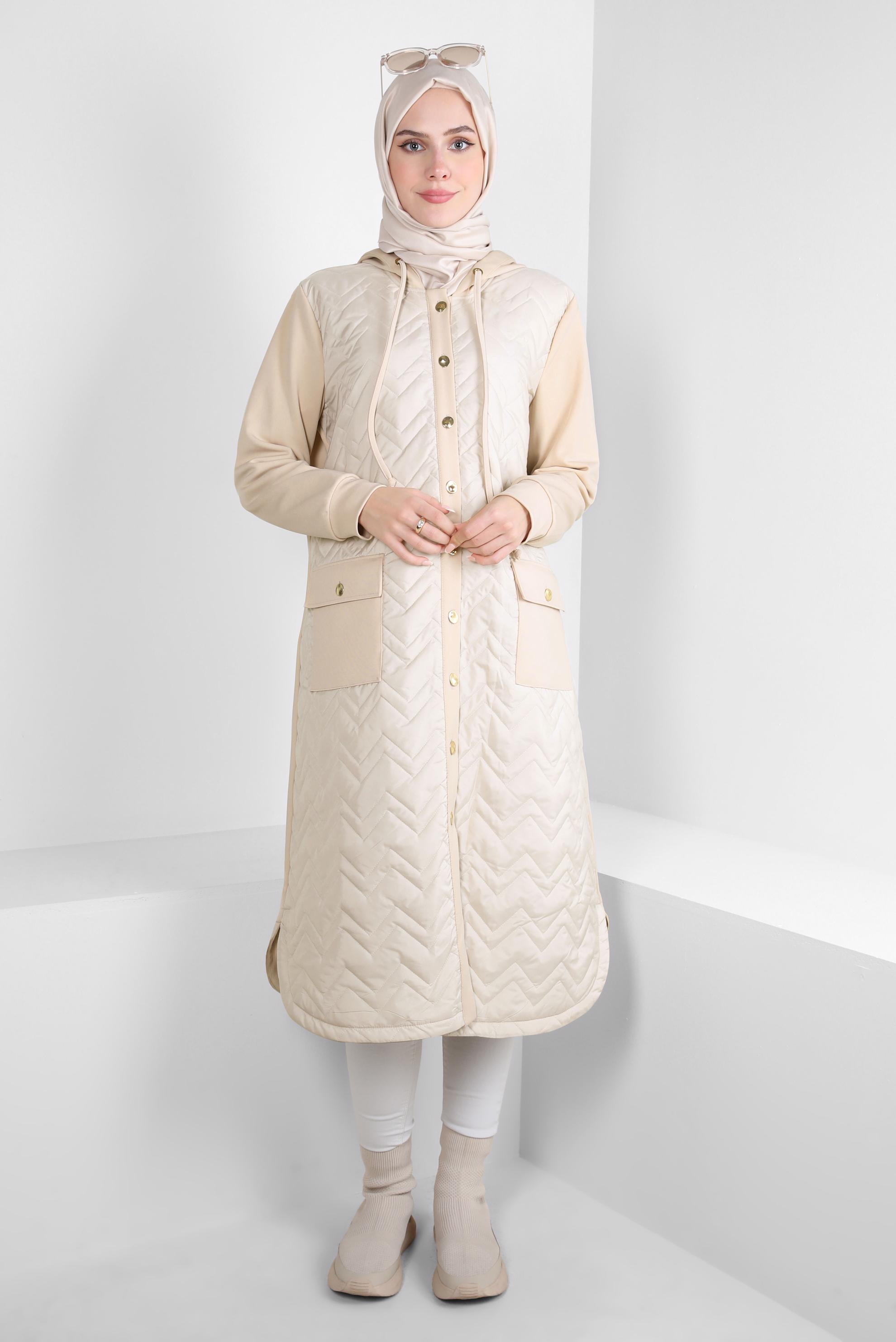 Tesettür giyim BEJ KAPÜŞONLU GİY ÇIK 44205