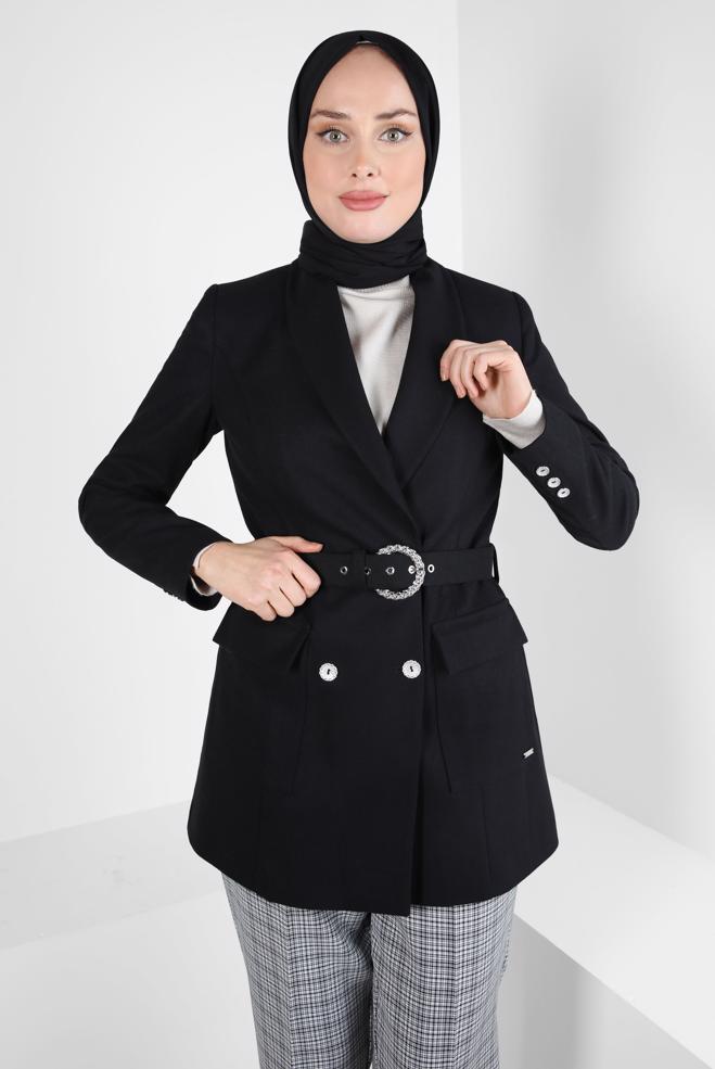 Hijab clothing BLACK BELTED JACKET 44211 - ALVİNA