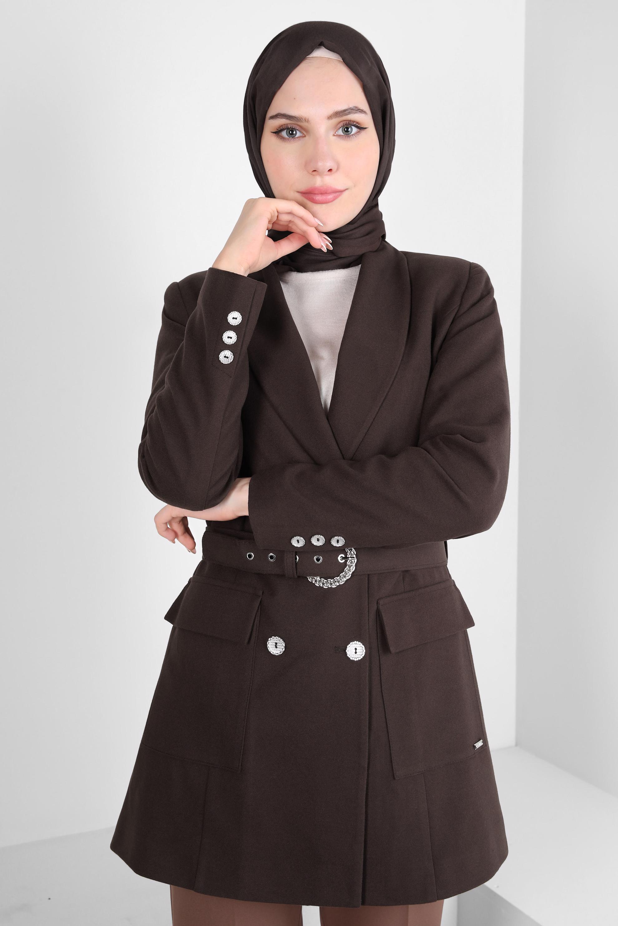 Tesettür giyim KAHVE KEMERLİ CEKET 44211