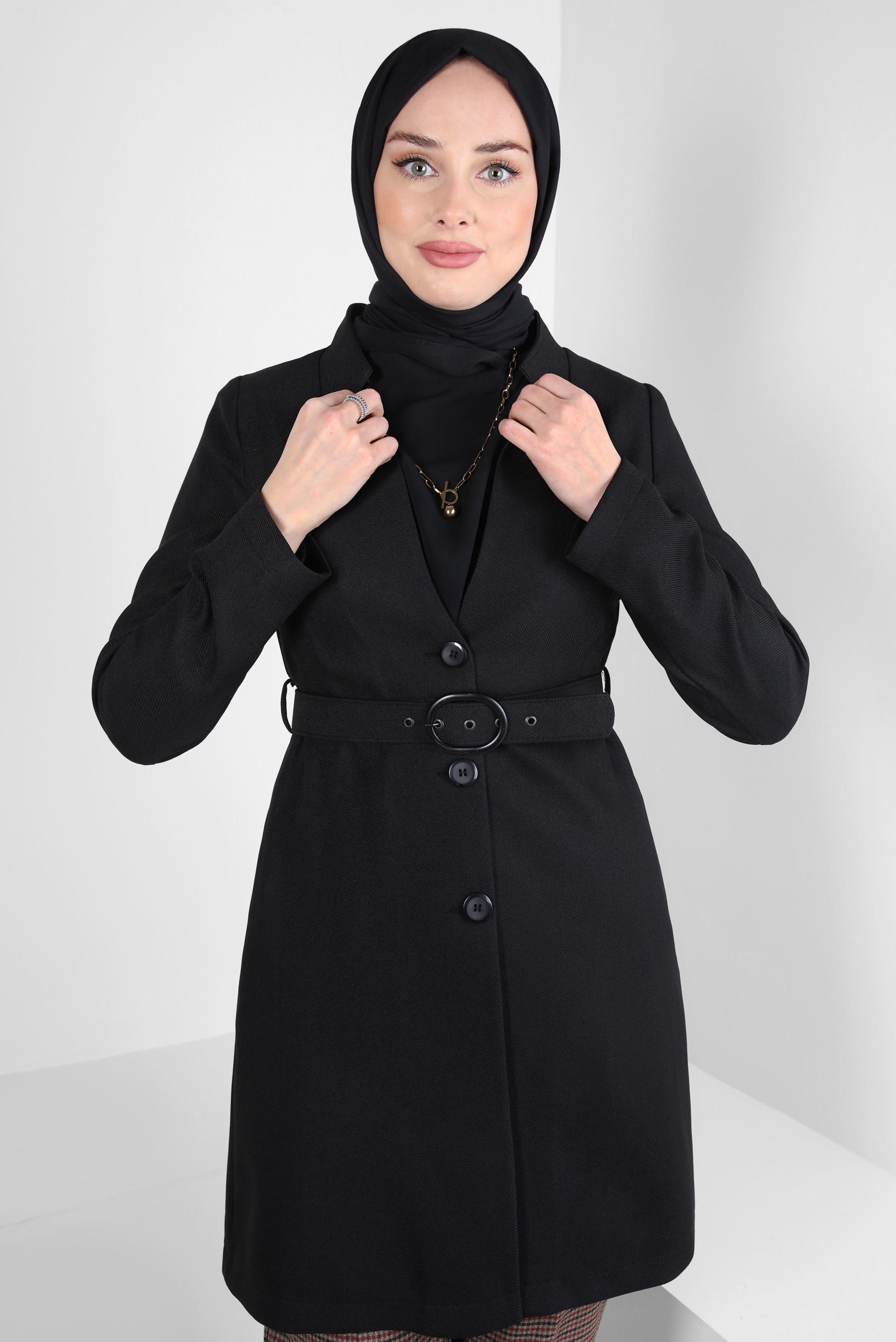 Tesettür giyim SİYAH KEMERLİ CEKET 44274