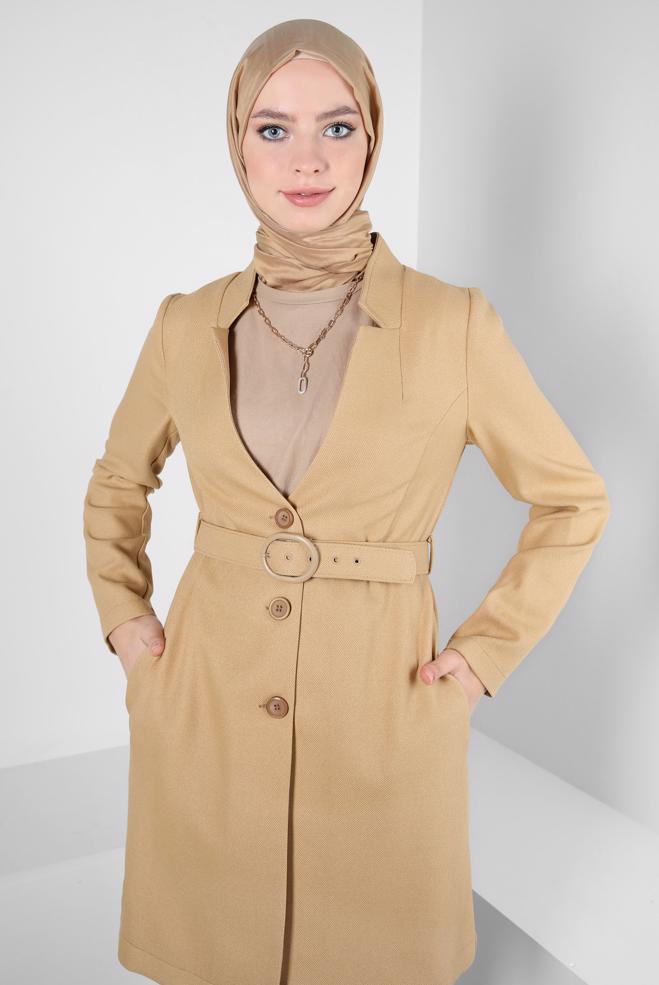 Hijab clothing BROWN BELTED JACKET 44274 - ALVİNA