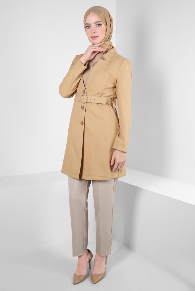 Hijab clothing BROWN BELTED JACKET 44274 - ALVİNA