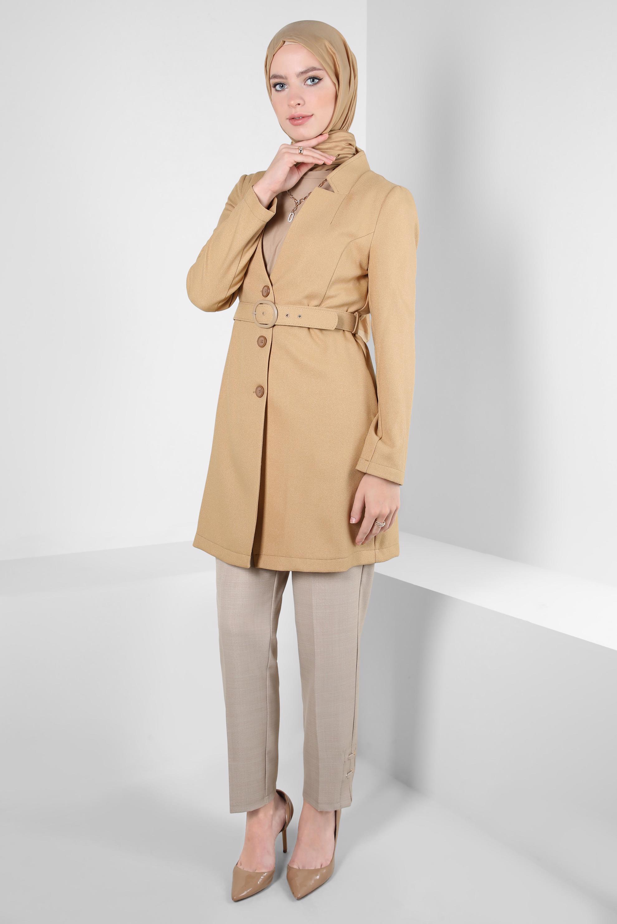 Tesettür giyim KAHVE KEMERLİ CEKET 44274
