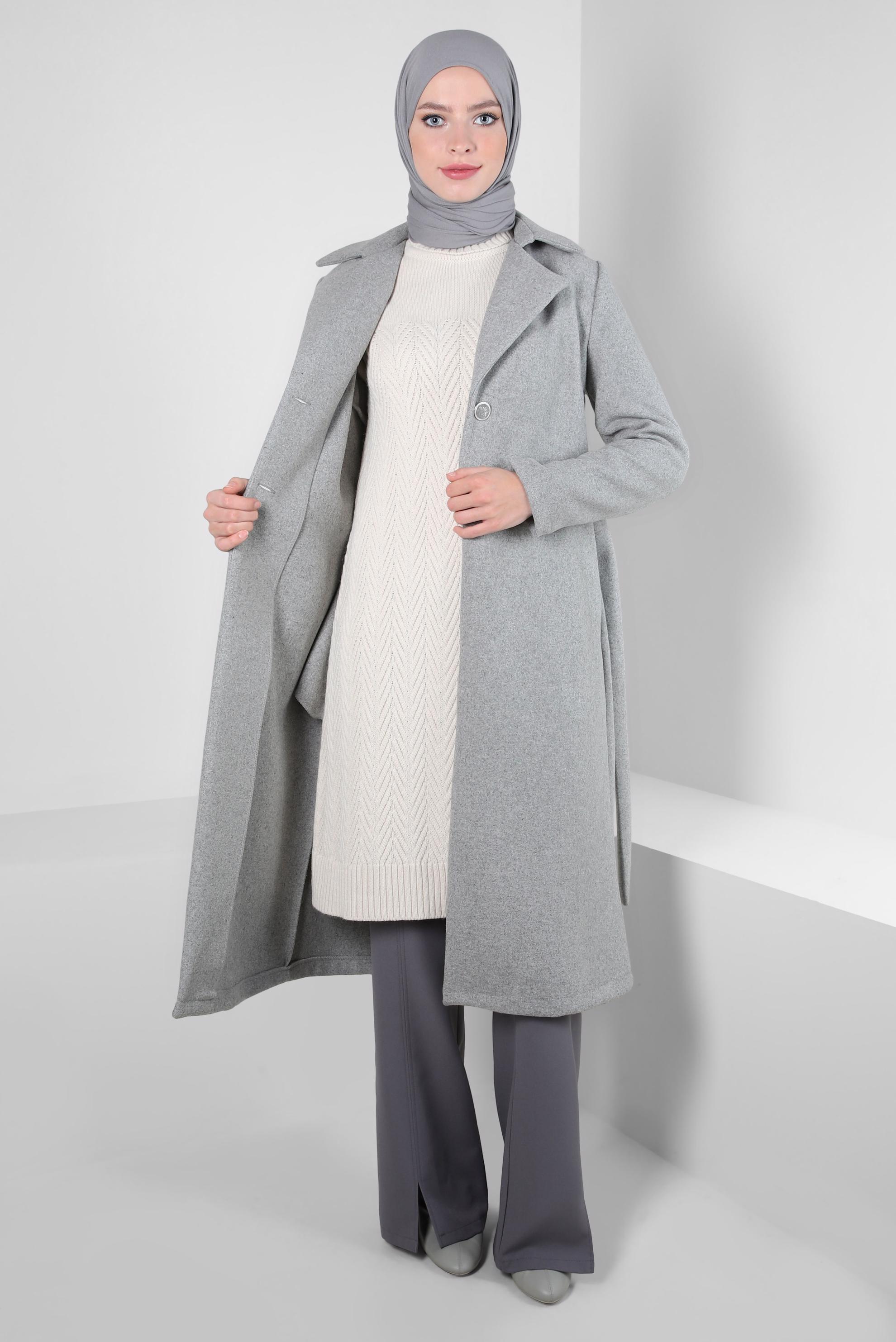 Tesettür giyim GRİ KUŞAKLI CEKET 44277
