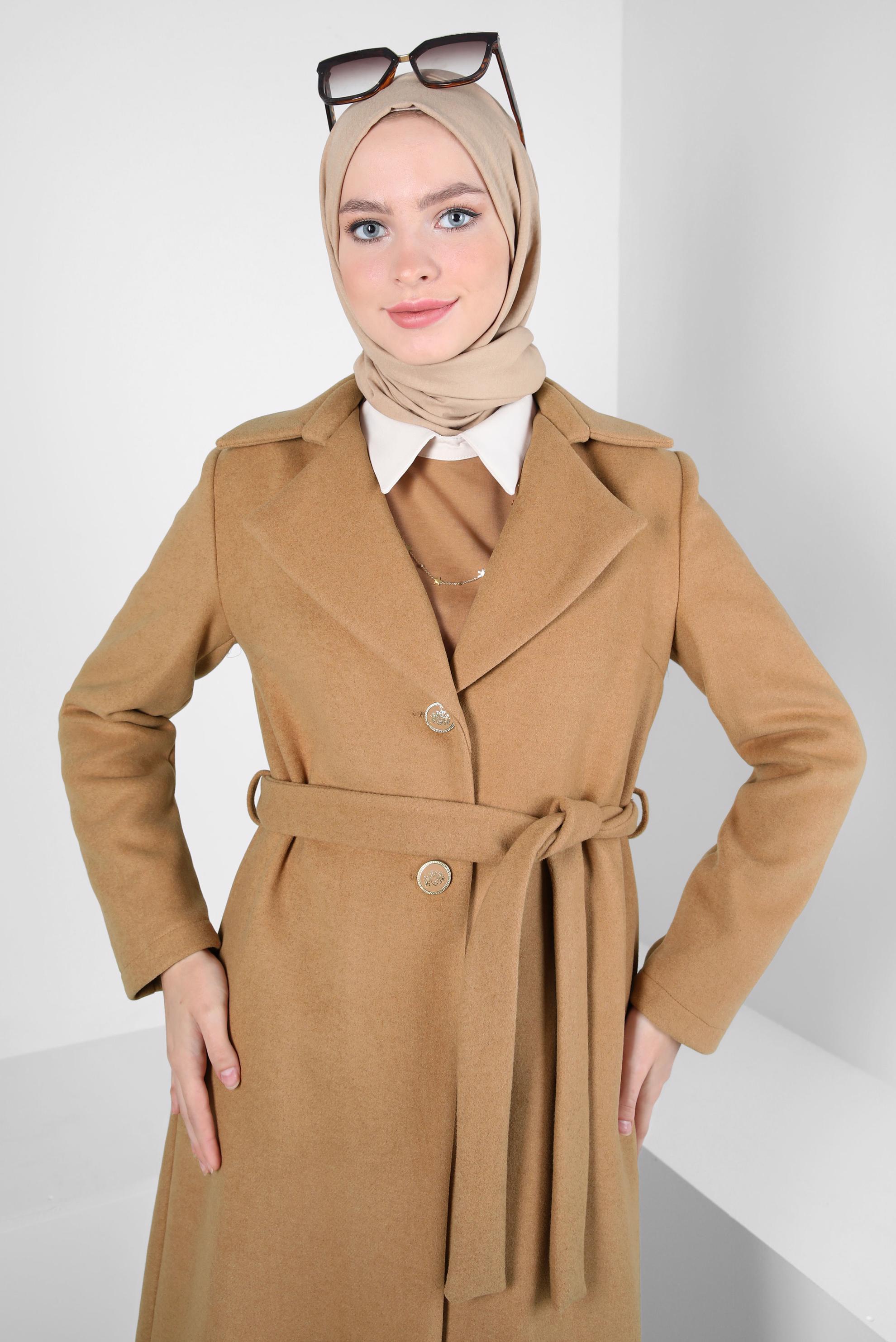 Tesettür giyim KAHVE KUŞAKLI CEKET 44277