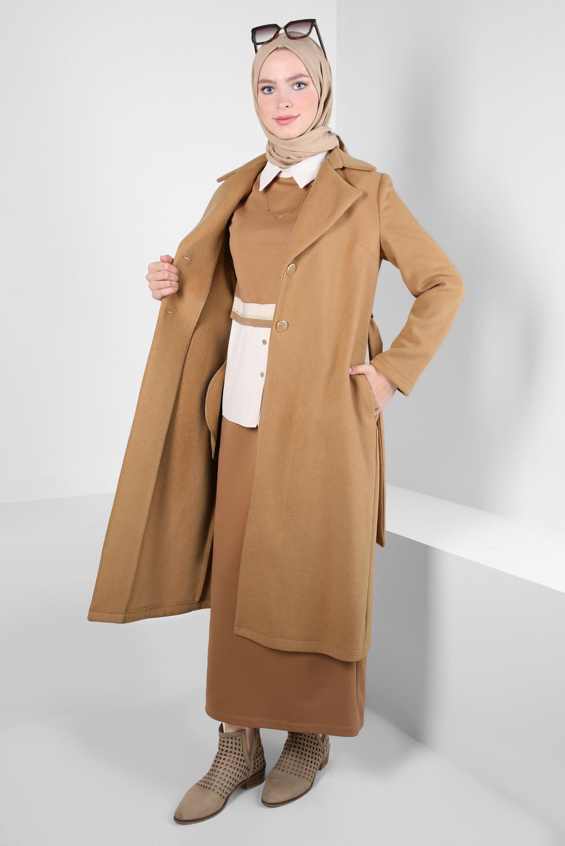 Tesettür giyim KAHVE KUŞAKLI CEKET 44277