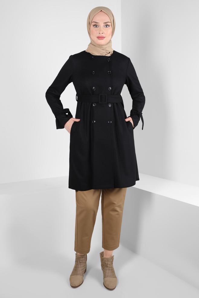 Hijab clothing BLACK BELTED JACKET 44278 - ALVİNA