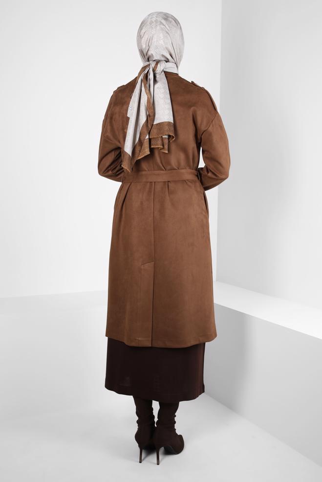 Vêtements hijab BRUN VESTE EN DAIM CEINTURE 44334 - ALVİNA