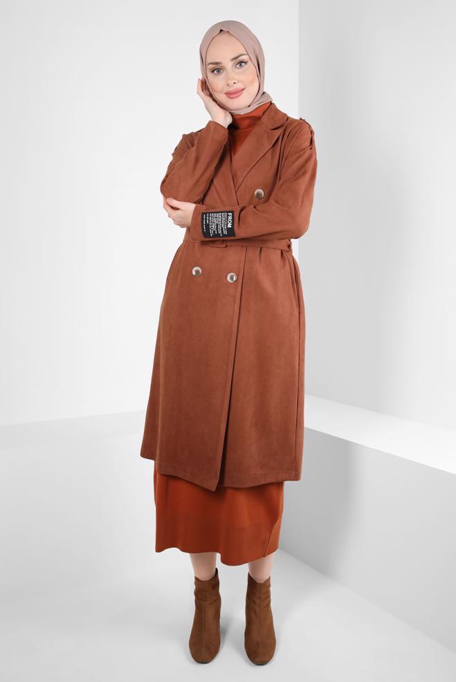 Vêtements hijab BRUN VESTE CEINTURE 44334-1 - ALVİNA