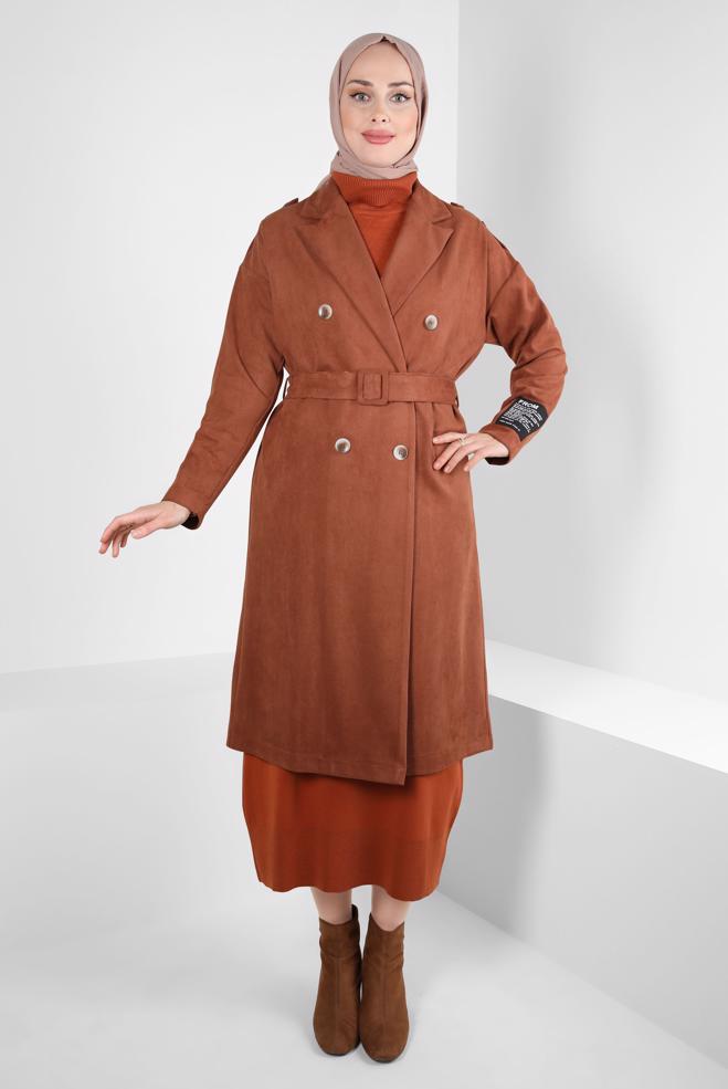 Vêtements hijab BRUN VESTE CEINTURE 44334-1 - ALVİNA