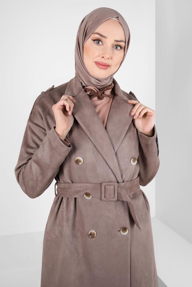Vêtements hijab VISON VESTE EN DAIM CEINTURE 44334 - ALVİNA