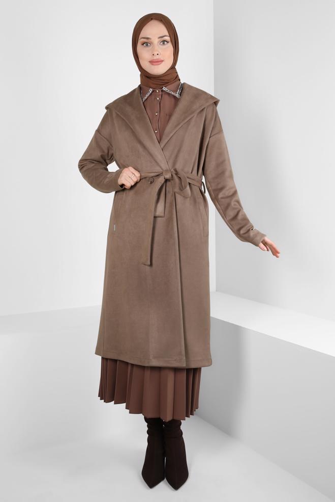 Vêtements hijab BRUN VESTE À CAPUCHE EN DAIM 44336 - ALVİNA